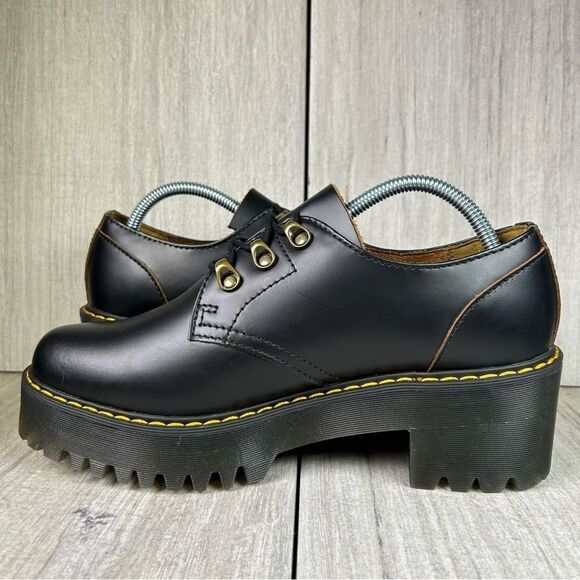 NEW Dr. Martens Docs Leona Lo Black Leather Heeled Platform Boots Womens Size 10 - Picture 2 of 10